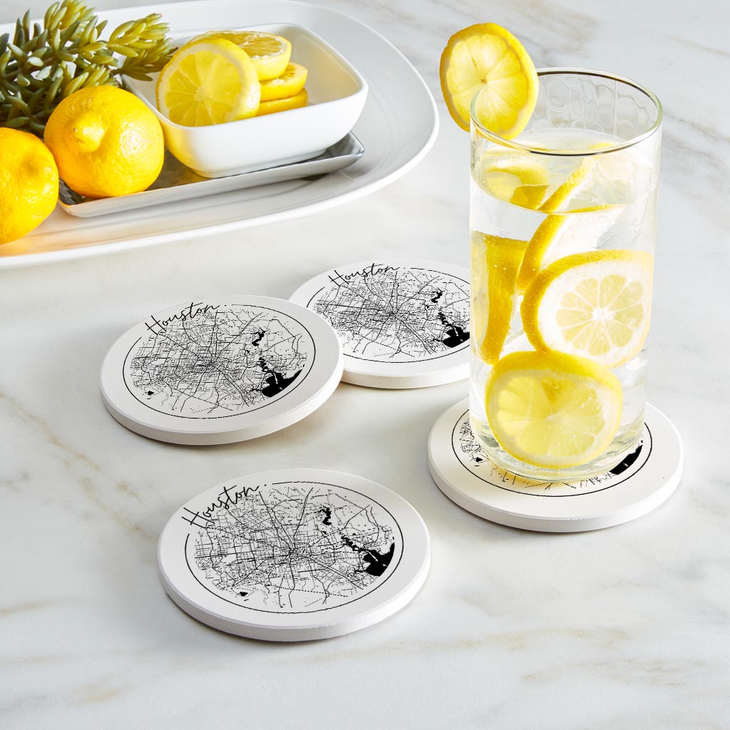 Modern Houston White Round Map | Absorbent Coasters | Set of 4 | Min 2