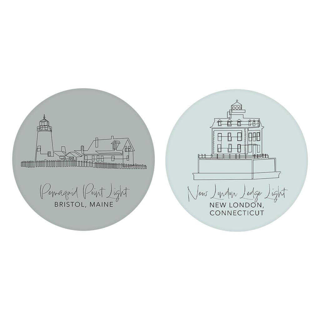 New England Lighthouses Muted Coastal | Absorbent Car Coasters | Set of 2 | Min 4