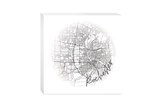 Minimalistic B&W New York Rochester Faded Circle Map | Wood Block | Eaches | Min 2