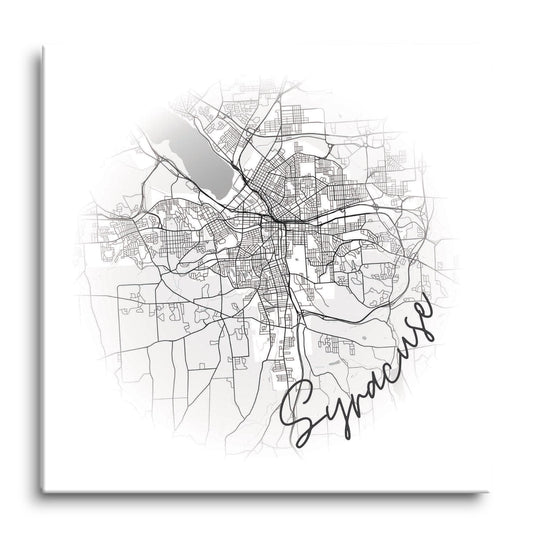 Minimalistic B&W New York Syracuse Faded Circle Map | Hi-Def Glass Art | Eaches | Min 1