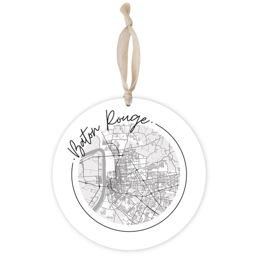 Minimalist B&W Louisiana Baton Rouge Circle Map | Wood Ornament | Eaches | Min 1
