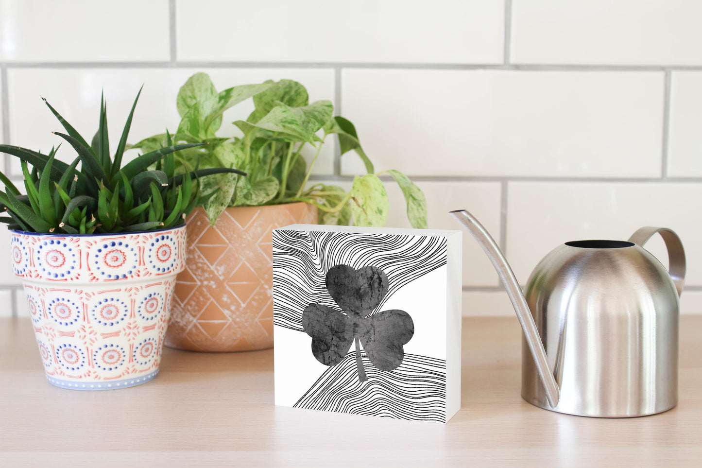 Minimalistic B&W Shamrock Fluid Lines | Wood Block | Eaches | Min 4
