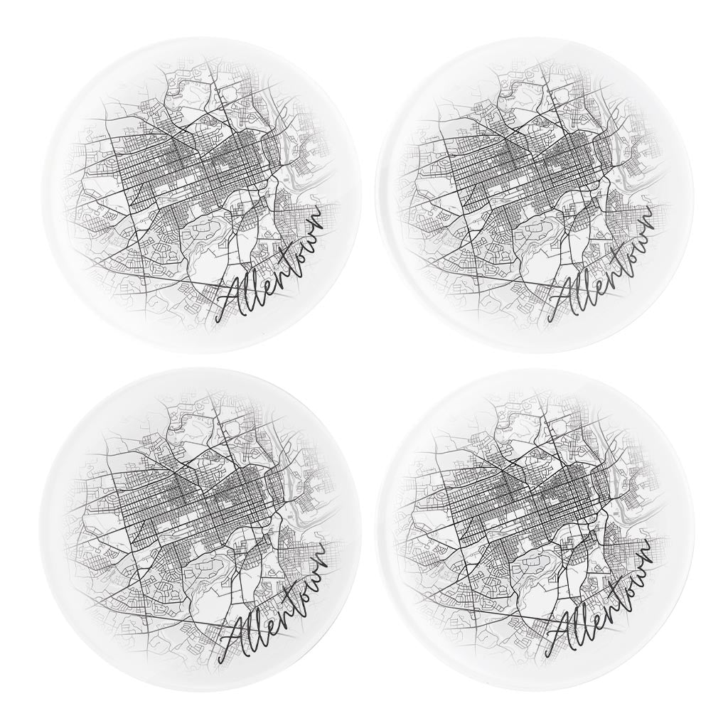Minimalistic B&W Pennsylvania Allentown Circle Map | Hi-Def Glass Coasters | Set of 4 | Min 2