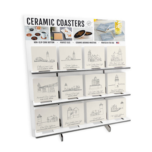 Lighthouse Line Drawing 1 Theme Square Ceramic Coaster Loaded Display POP Min of 1
