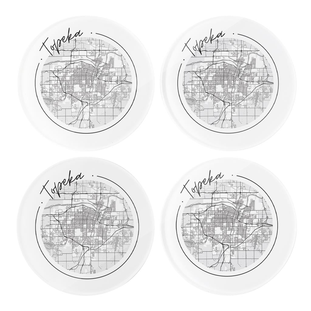 Minimalist B&W Kansas Topeka Circle Map | Hi-Def Glass Coasters | Set of 4 | Min 2
