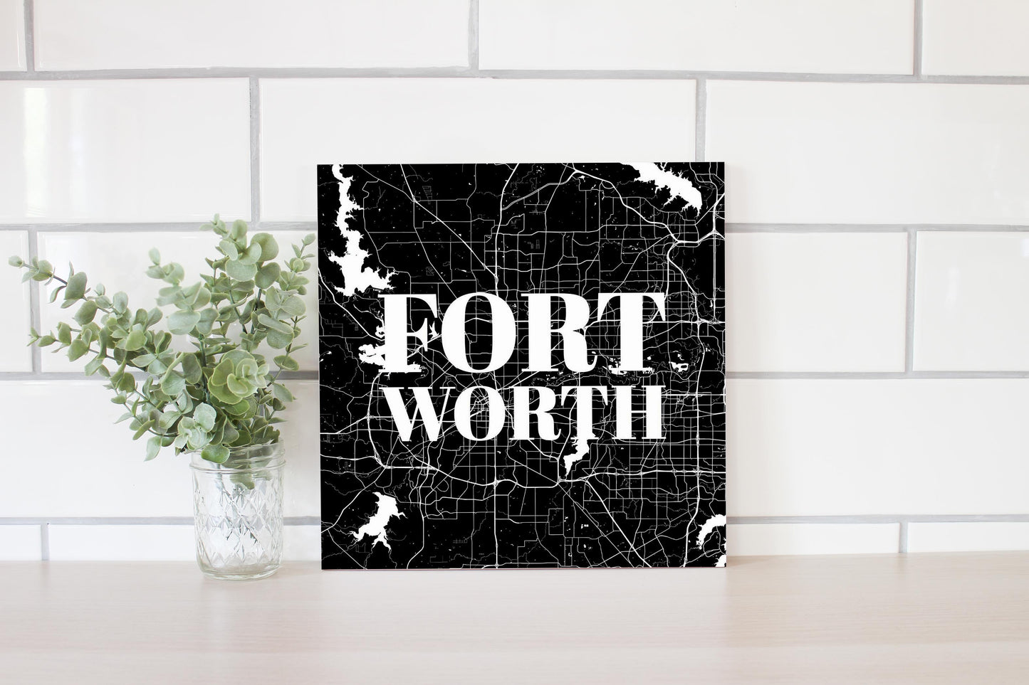 Minimalistic B&W Texas Fort Worth Map | Wood Sign | Eaches | Min 2