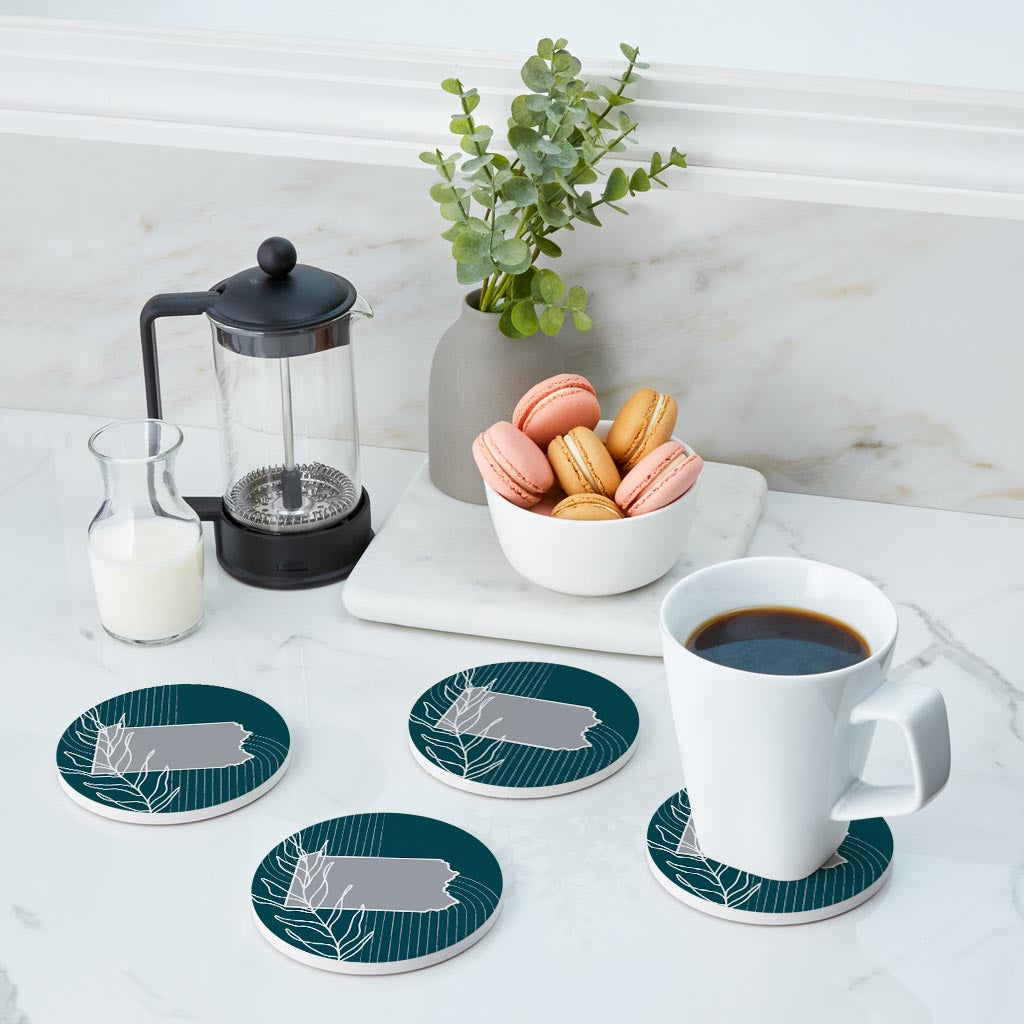 Modern Minimalist Pennsylvania Shape With Leaf | Absorbent Coasters | Set of 4 | Min 2