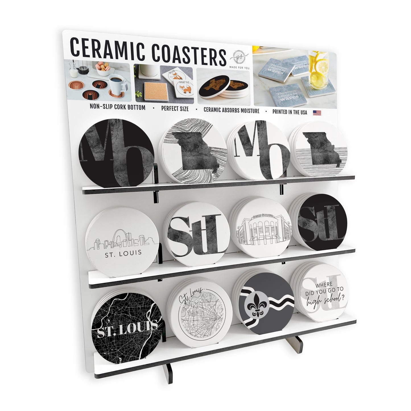 Minimalist B&W Missouri St. Louis Circle Ceramic Coaster Loaded Display POP Min of 1