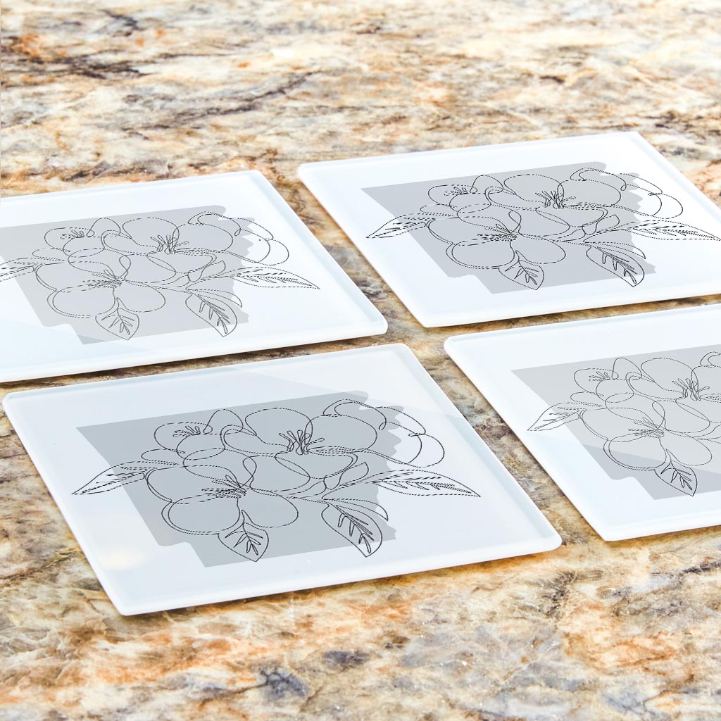 B&W Minimalist Arkansas Single Line Apple Blossoms | Hi-Def Glass Coasters | Set of 4 | Min 2