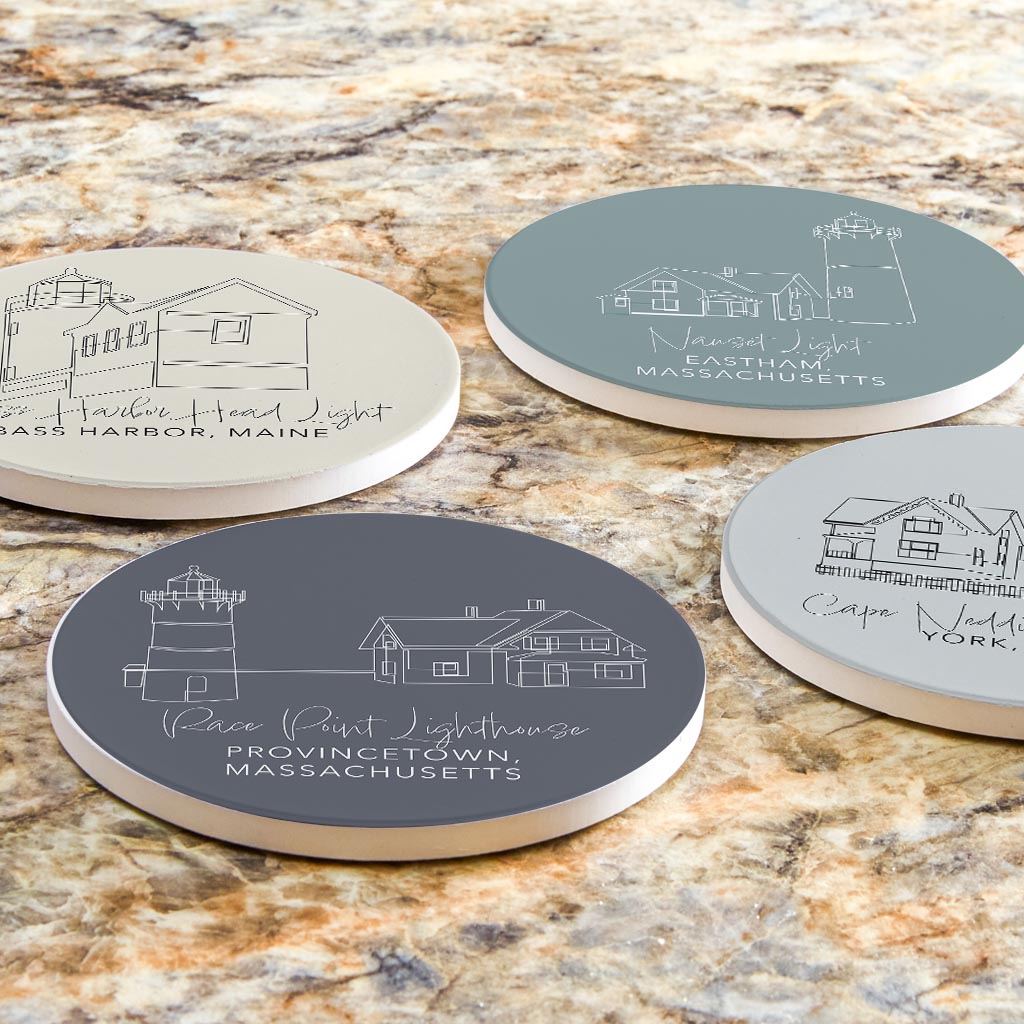New England Lighthouses Muted Coastal | Absorbent Coasters | Set of 4 | Min 2