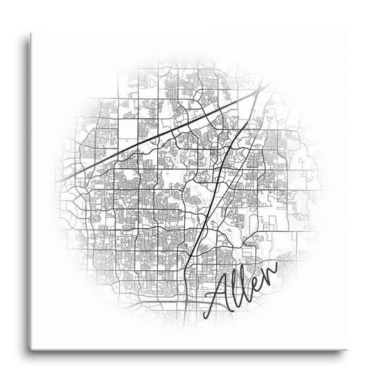 Minimalistic B&W Texas Allen Circle Map | Hi-Def Glass Art | Eaches | Min 1