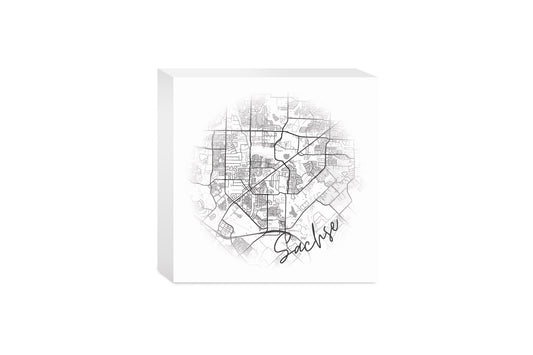 Minimalistic B&W Texas Sachse Circle Map | Wood Block | Eaches | Min 4