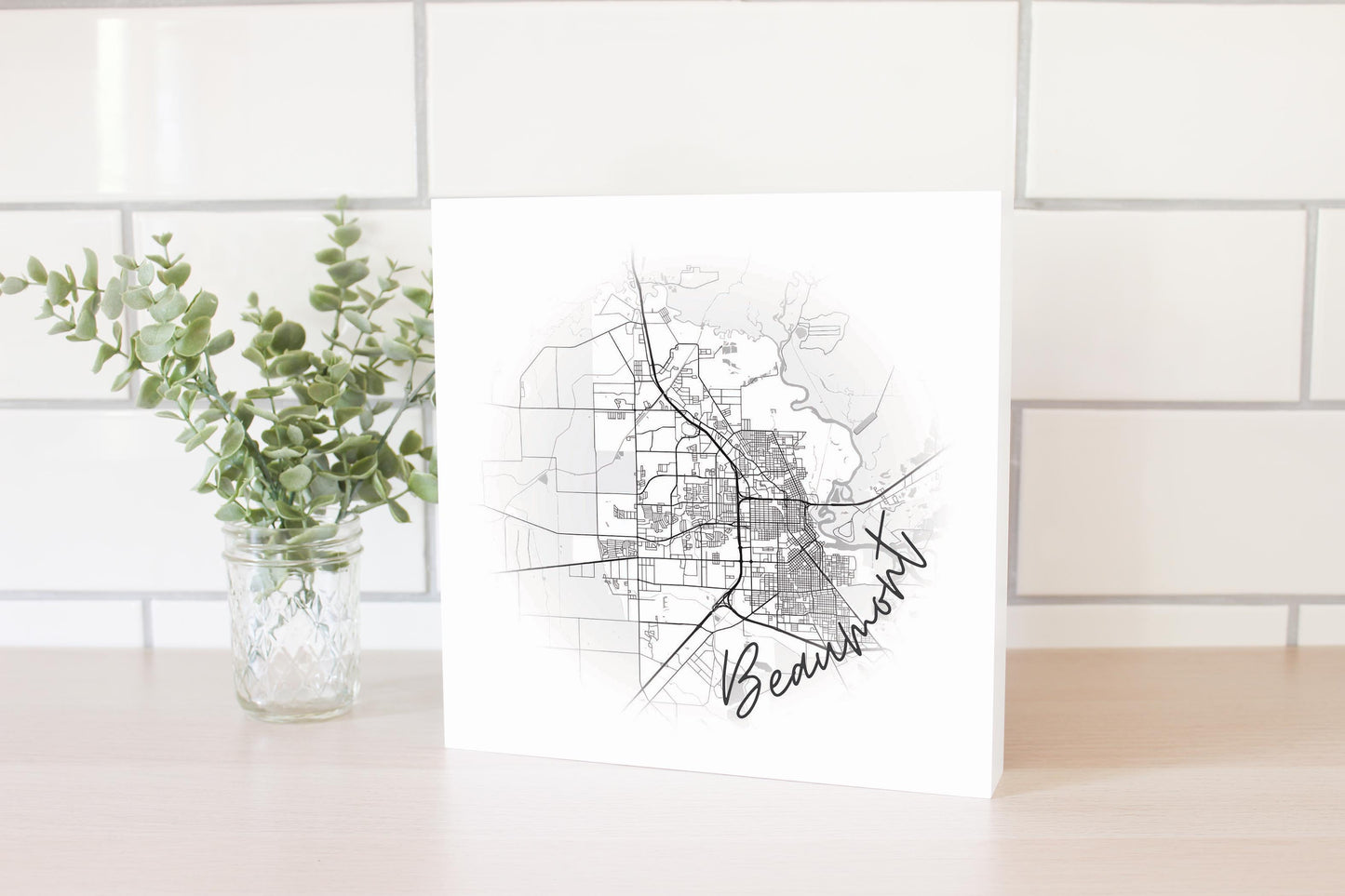 Minimalistic B&W Texas Beaumont Circle Map | Wood Block | Eaches | Min 2