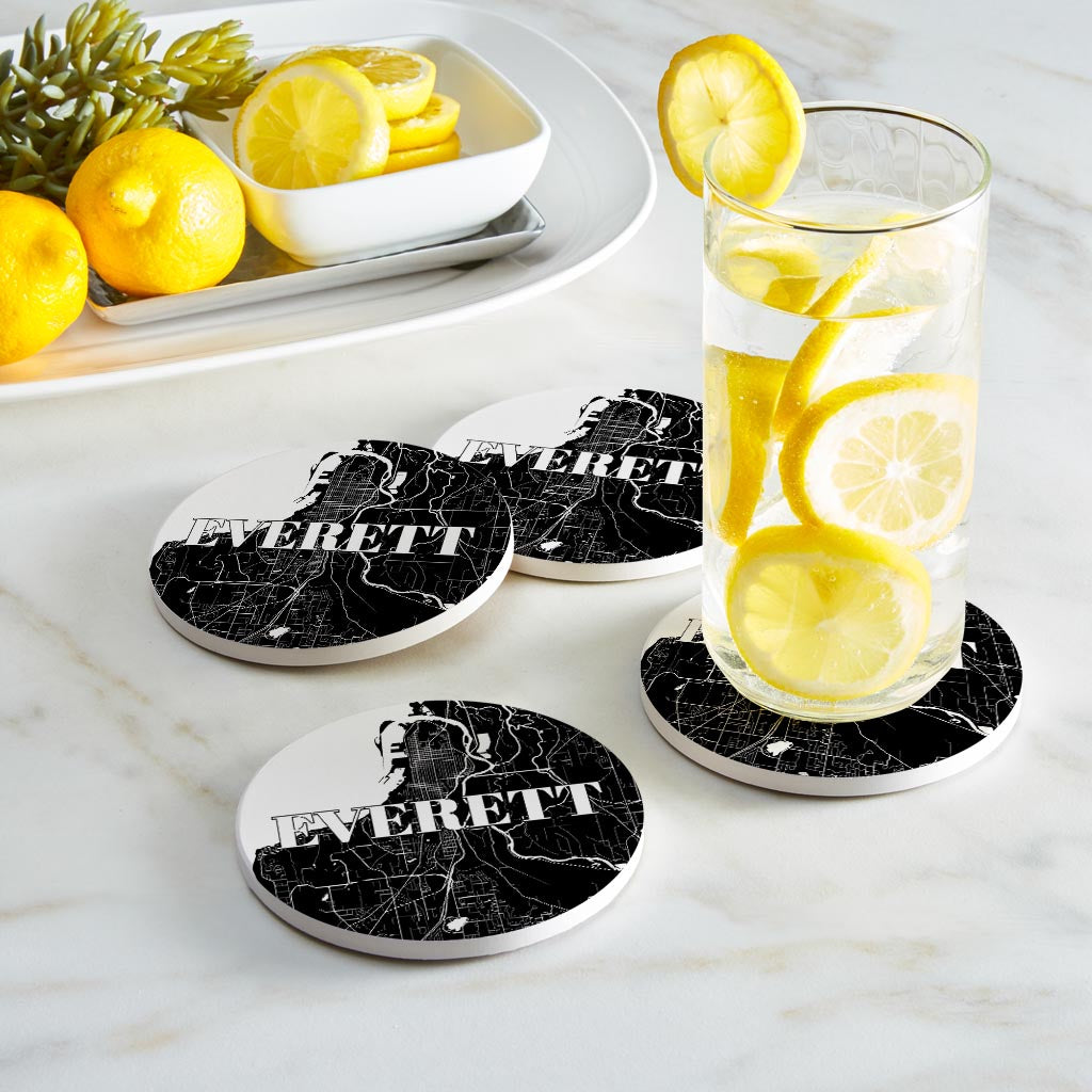 Minimalistic B&W Washington Everett Map | Absorbent Coasters | Set of 4 | Min 2