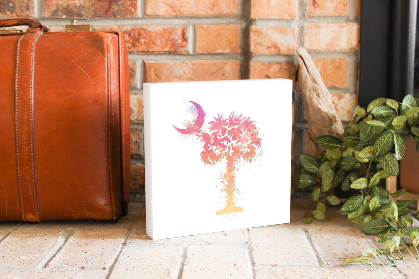 South Carolina Pink Water Color Palm Trees On White | Wood Block | Eaches | Min 2