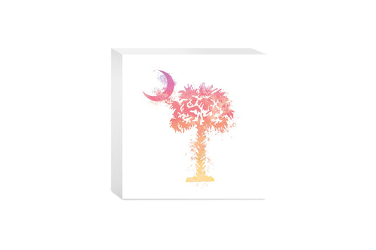 South Carolina Pink Water Color Palm Trees On White | Wood Block | Eaches | Min 4