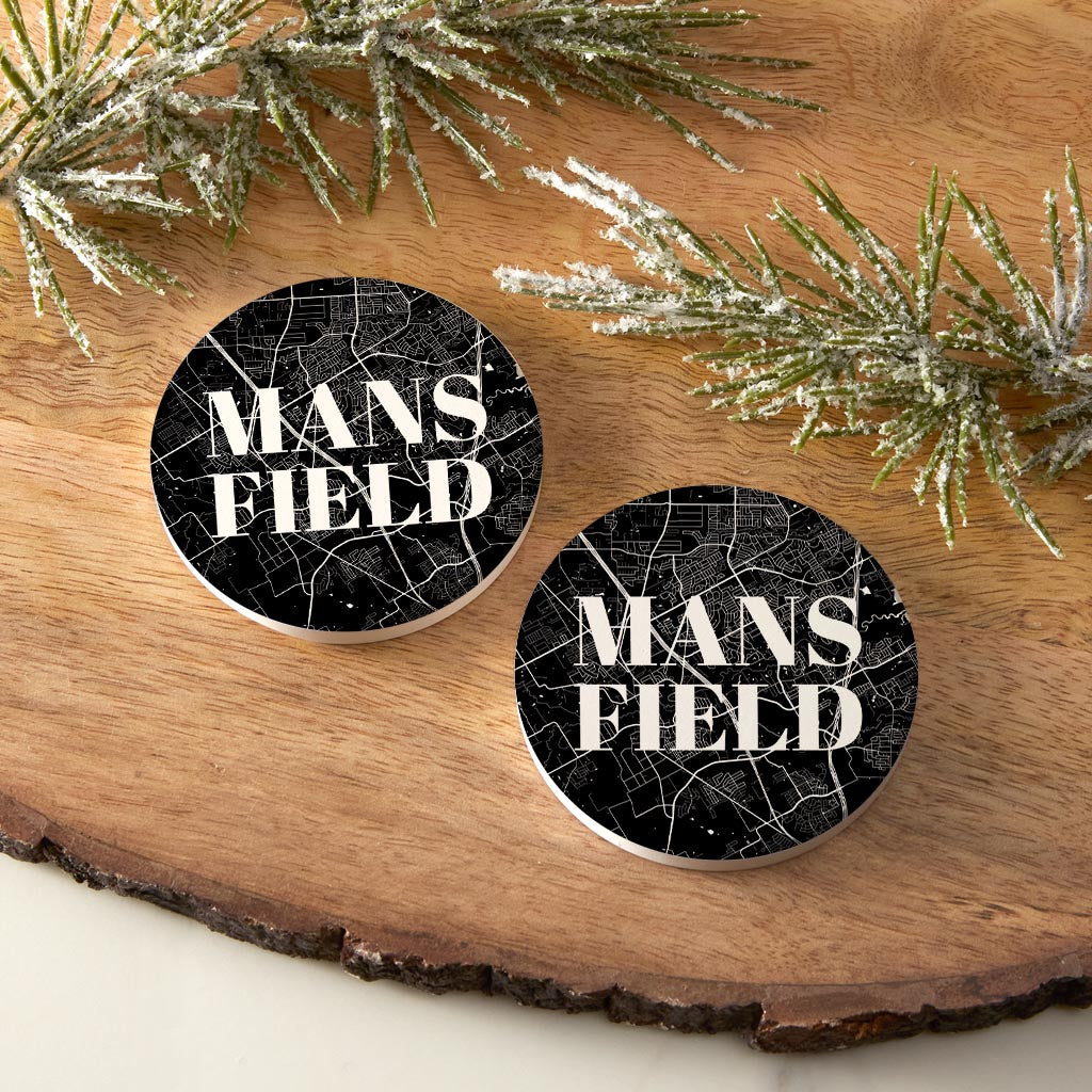 Minimalistic B&W Texas Mansfield Map | Absorbent Car Coasters | Set of 2 | Min 4