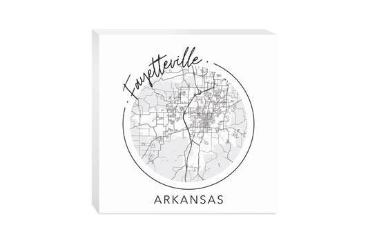 Minimalist B&W Arkansas Fayetteville Circle Map | Wood Block | Eaches | Min 2