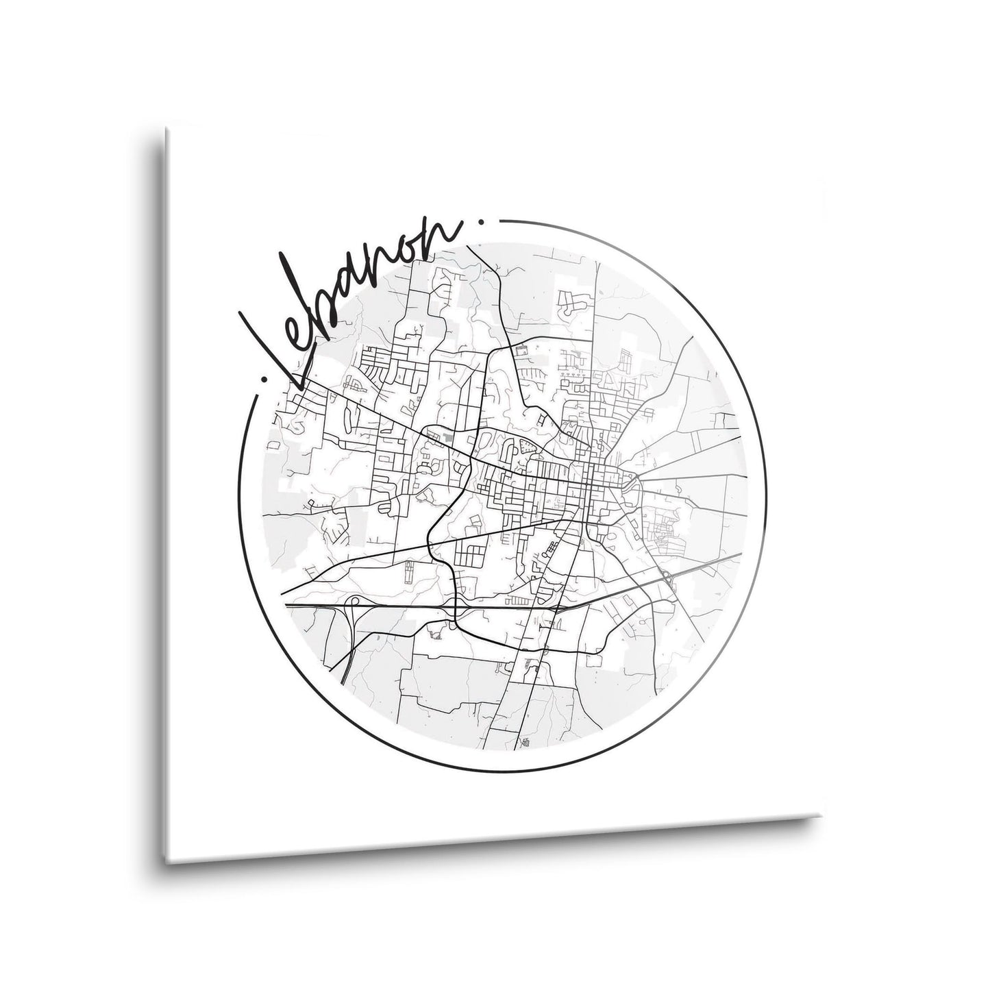 Minimalist B&W Tennessee Lebanon Circle Map | Hi-Def Glass Art | Eaches | Min 1