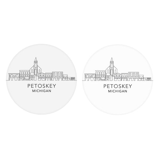 Minimalistic B&W Michigan Petoskey Skyline | Absorbent Car Coasters | Set of 2 | Min 4