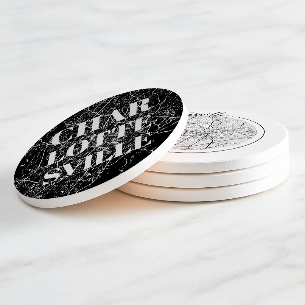 Minimalistic B&W Virginia Charlottesville Maps | Absorbent Coasters | Set of 4 | Min 2