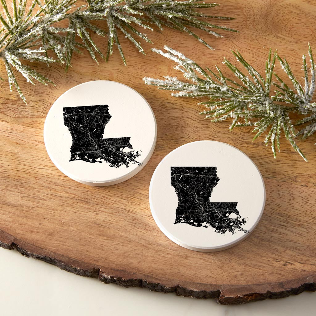 Modern Louisiana State Shape With Map | Absorbent Car Coasters | Set of 2 | Min 4