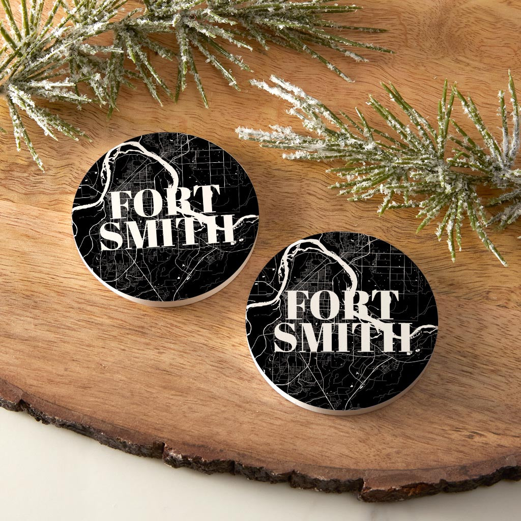 B&W Minimalist Arkansas Fort Smith Map | Absorbent Car Coasters | Set of 2 | Min 4