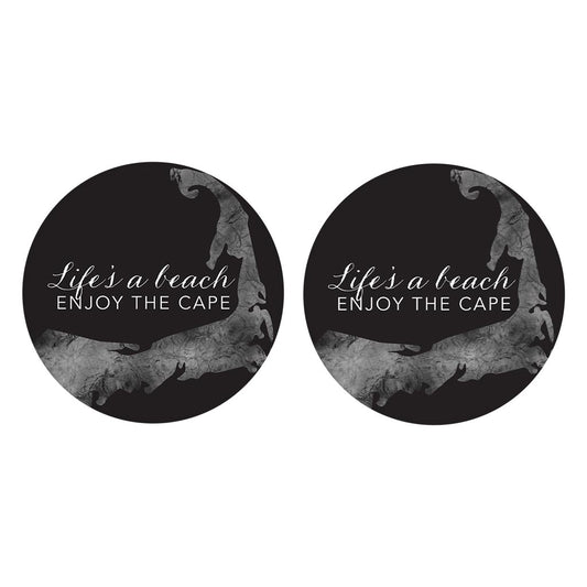 Minimalistic B&W Cape Cod Lifes A Beach | Absorbent Car Coasters | Set of 2 | Min 4