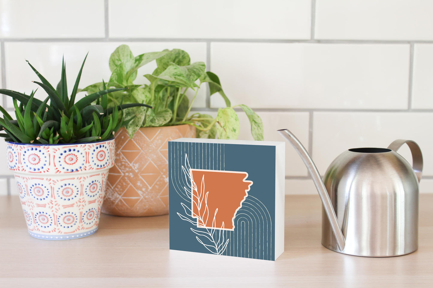 Modern Minimalist Arkansas State Shape With Leaf | Wood Block | Eaches | Min 4