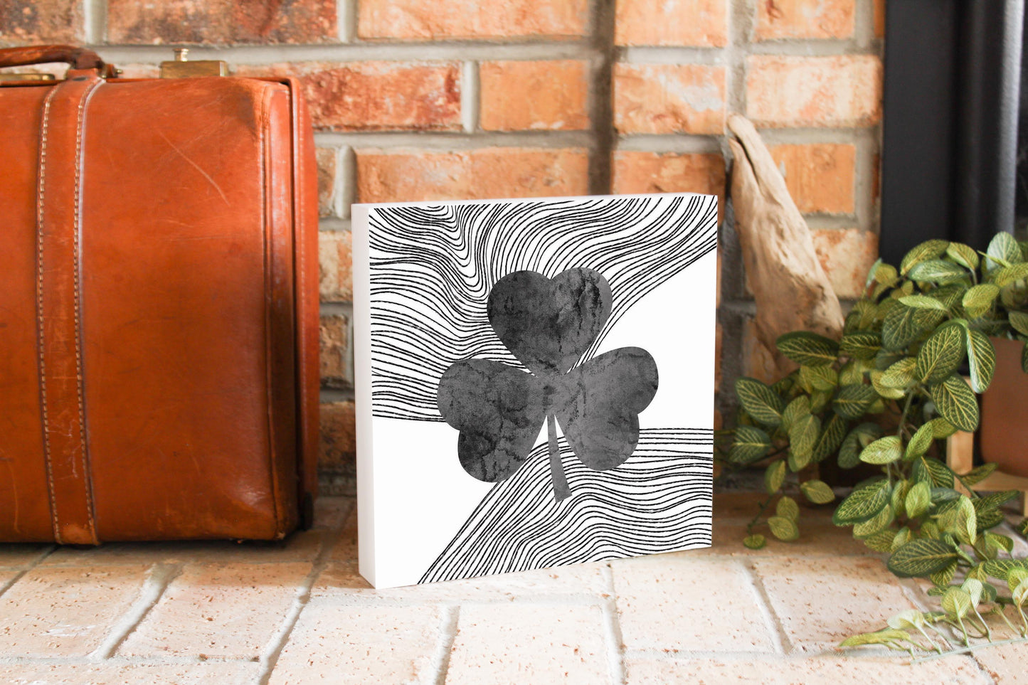 Minimalistic B&W Shamrock Fluid Lines | Wood Block | Eaches | Min 2