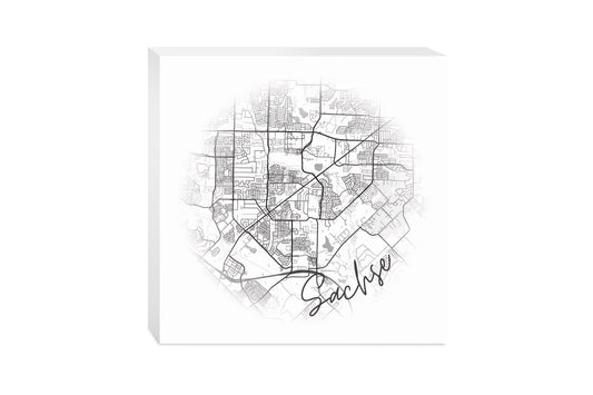 Minimalistic B&W Texas Sachse Circle Map | Wood Block | Eaches | Min 2
