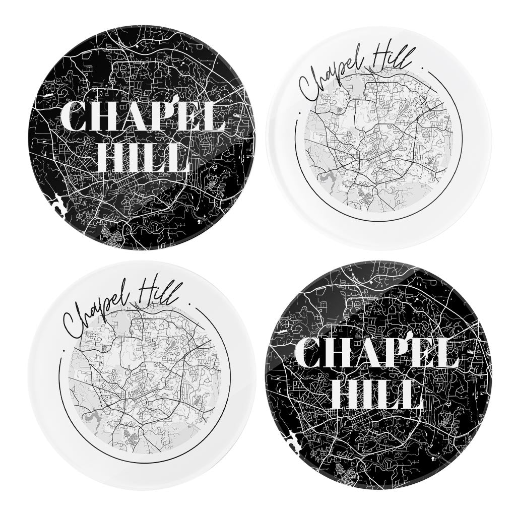 Minimalistic B&W North Carolina Chapel Hill Maps| Hi-Def Glass Coasters | Set of 4 | Min 2