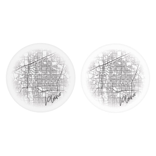 Minimalistic B&W Texas Plano Circle Map | Absorbent Car Coasters | Set of 2 | Min 4