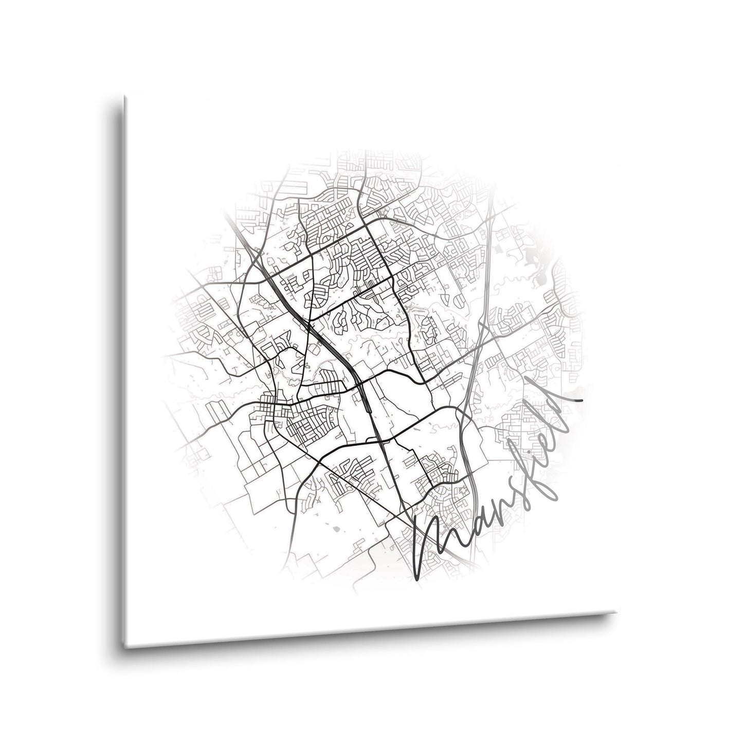 Minimalistic B&W Texas Mansfield Circle Map | Hi-Def Glass Art | Eaches | Min 2