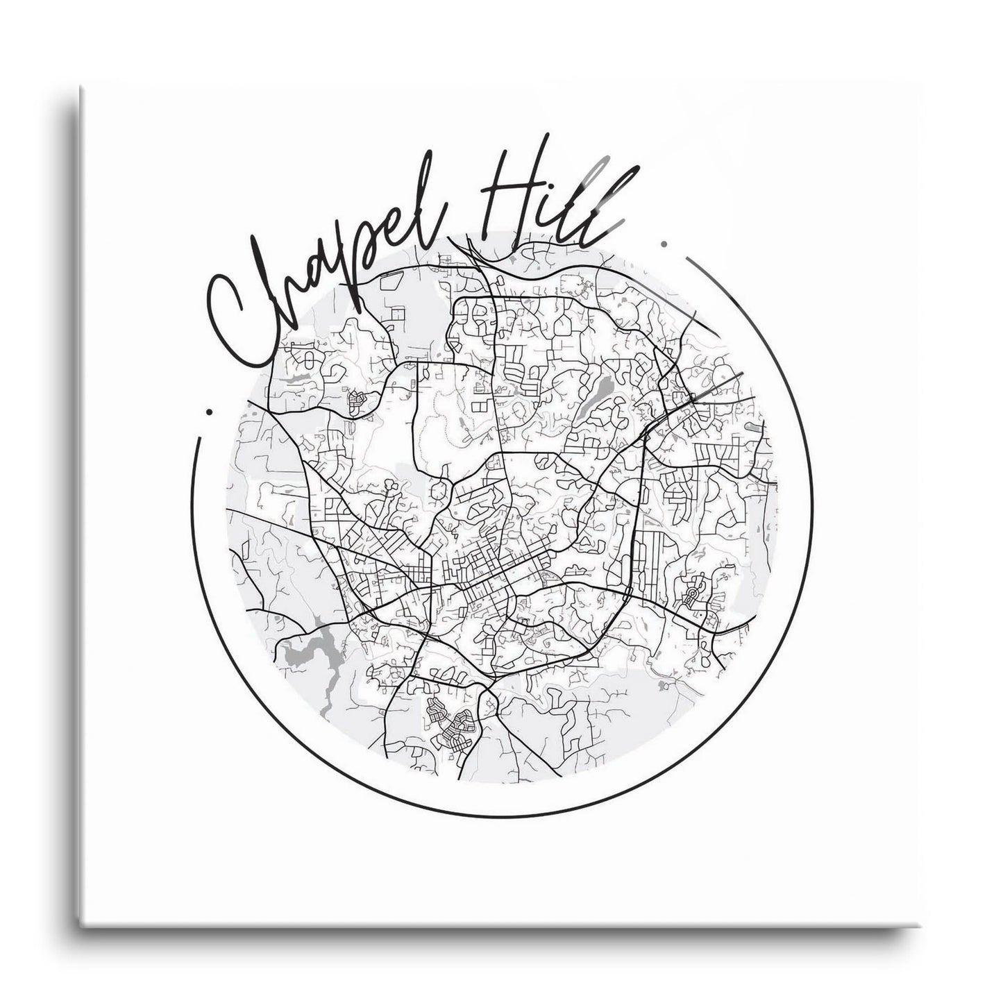 Minimalistic B&W North Carolina Chapel Hill Circle Map | Hi-Def Glass Art | Eaches | Min 1