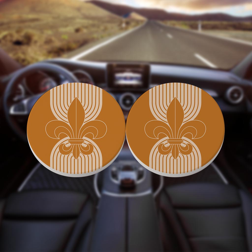 Modern Minimalist Louisiana Orange Fleu De Lis | Absorbent Car Coasters | Set of 2 | Min 4