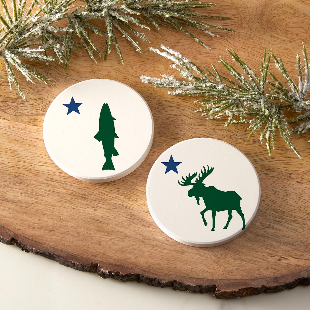 New England Star With Trout Moose| Absorbent Car Coasters | Set of 2 | Min 4