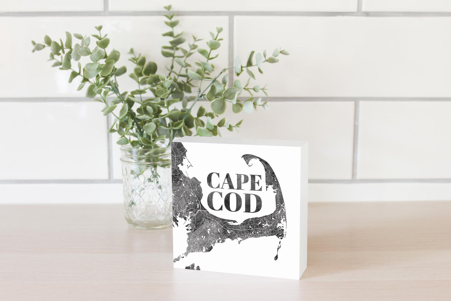 Minimalistic B&W Cape Cod Map | Wood Block | Eaches | Min 4