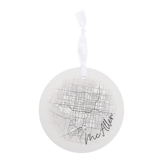 Minimalistic B&W Texas Mcallen Circle Map | Wood Ornament | Eaches | Min 6