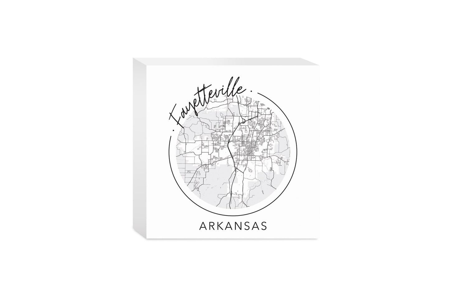 Minimalist B&W Arkansas Fayetteville Circle Map | Wood Block | Eaches | Min 4