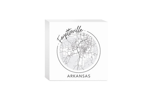 Minimalist B&W Arkansas Fayetteville Circle Map | Wood Block | Eaches | Min 4