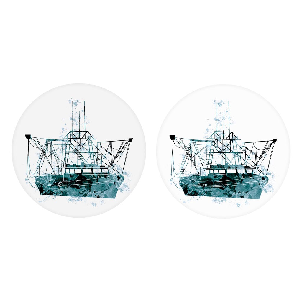 Blue White Water Color Shrimp Boat | Absorbent Car Coasters | Set of 2 | Min 4