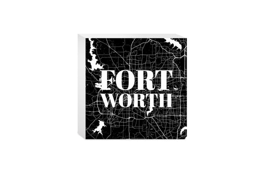 Minimalistic B&W Texas Fort Worth Map | Wood Block | Eaches | Min 4