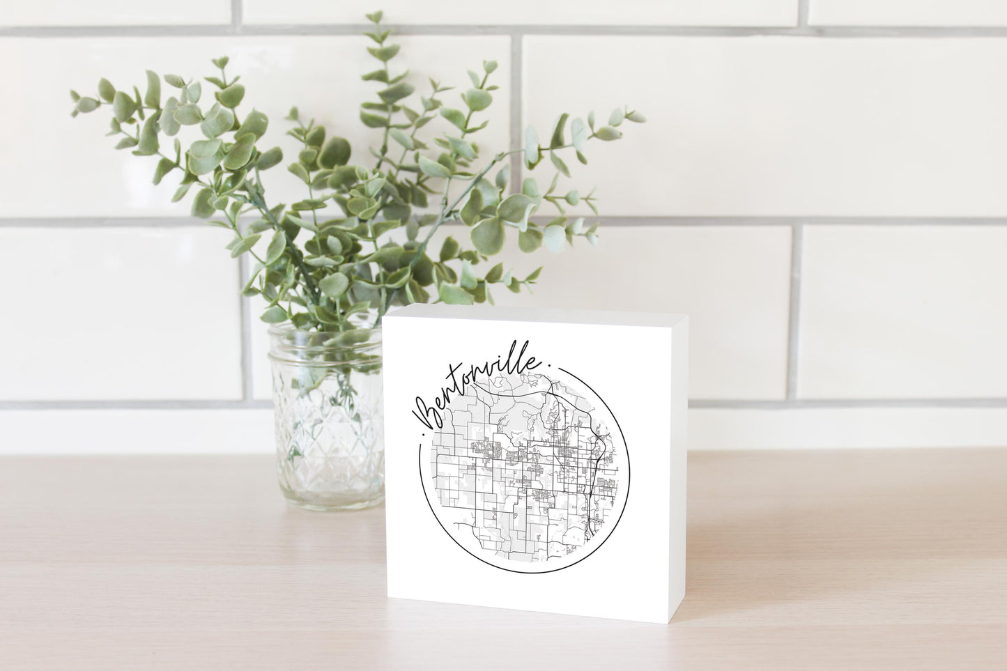 Minimalist B&W Arkansas Bentonville Circle Map | Wood Block | Eaches | Min 4
