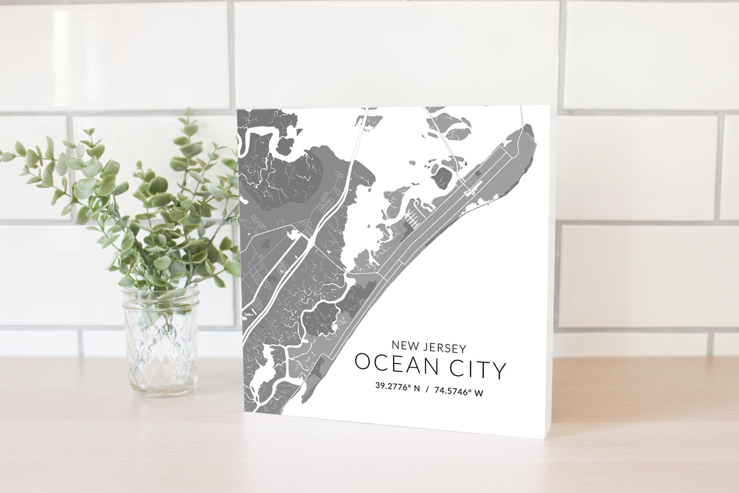 Ocean City Nj Minimalistic Map With Coordinates | Wood Block | Eaches | Min 2