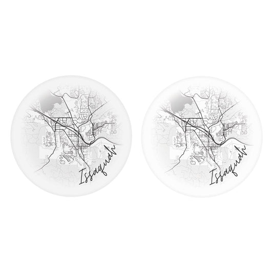 Minimalistic B&W Washington Issaquah Circle Map | Absorbent Car Coasters | Set of 2 | Min 4