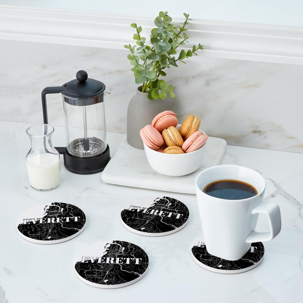 Minimalistic B&W Washington Everett Map | Absorbent Coasters | Set of 4 | Min 2