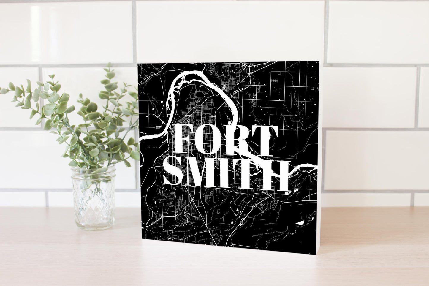 B&W Minimalist Arkansas Fort Smith Map | Wood Block | Eaches | Min 2
