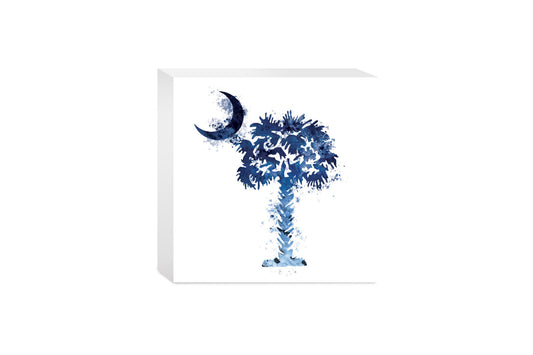 South Carolina Blue Water Color Palm Trees On White | Wood Block | Eaches | Min 4