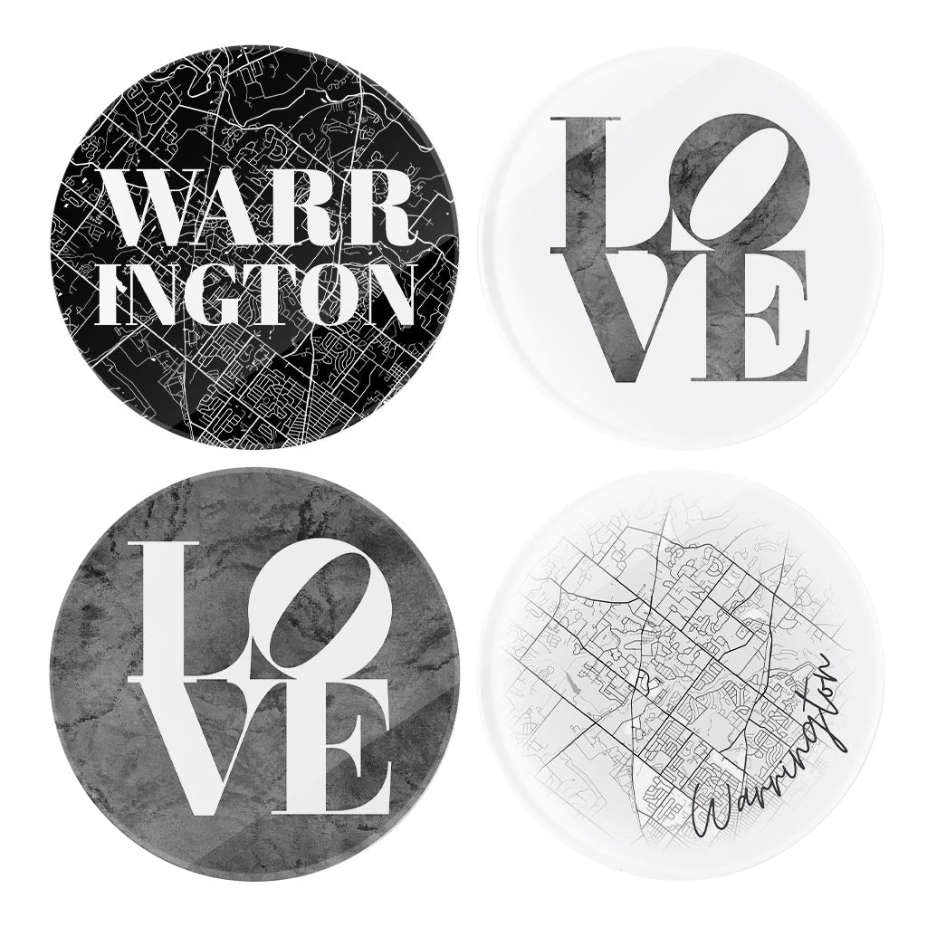 Minimalistic B&W Pennsylvania Warrington Maps Love | Hi-Def Glass Coasters | Set of 4 | Min 2